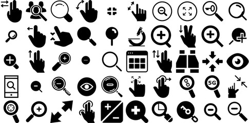 Big Set Of Zoom Icons Bundle Solid Drawing Silhouettes Magnifying Glass, Symbol, Icon, Vision Symbol Isolated On White Background