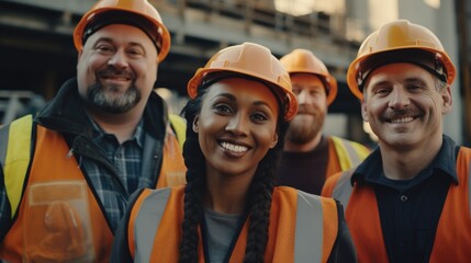 Group of multi ethnic construction workers smiling - Generative AI - obrazy, fototapety, plakaty