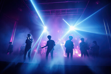 Fototapeta na wymiar Korean K-pop band silhouette performing music on live stage in retro pink and blue light with copy space