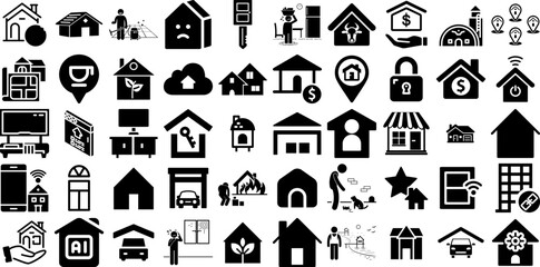 Mega Set Of House Icons Bundle Hand-Drawn Black Drawing Elements Tool, Mark, Roof, Silhouette Pictogram Isolated On White Background