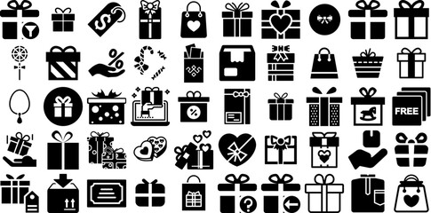Mega Set Of Gift Icons Pack Hand-Drawn Linear Design Symbol Gift, Coin, Ribbon, Icon Silhouette Isolated On White Background