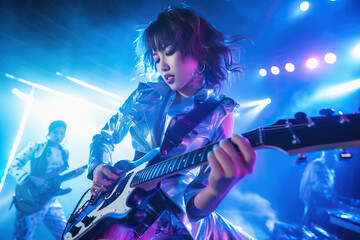 Korean K-pop performing music on live stage in retro pink and blue light with copy space, asian girl playing riff solo on electric guitar