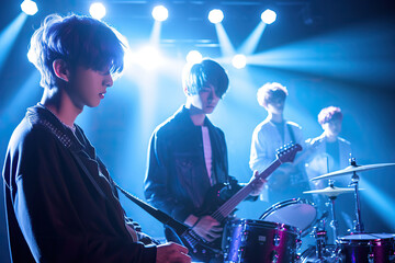 Fototapeta na wymiar Korean K-pop band boys performing music on live stage in retro pink and blue light with copy space