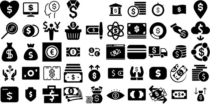 Massive Collection Of Dollar Icons Pack Black Concept Silhouette Finance, Coin, Cheap, Icon Silhouettes Vector Illustration