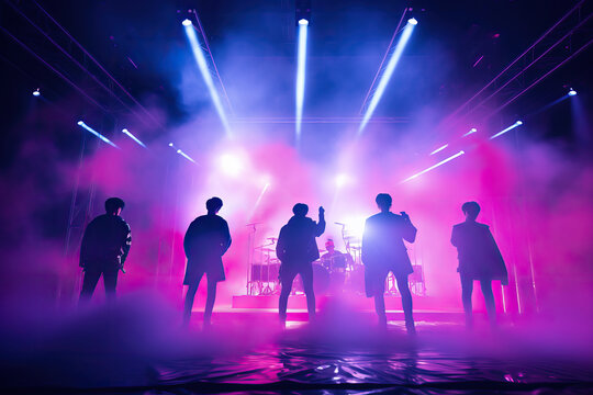Korean K-pop band silhouette performing music on live stage in retro pink and blue light with copy space