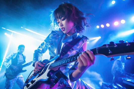 Korean K-pop Performing Music On Live Stage In Retro Pink And Blue Light With Copy Space, Asian Girl Playing Riff Solo On Electric Guitar