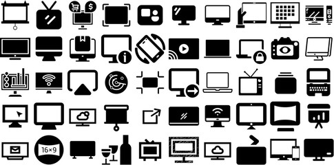 Big Collection Of Screen Icons Pack Black Cartoon Silhouette Full, Icon, Tablet, Thin Element Vector Illustration
