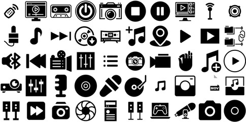 Massive Set Of Multimedia Icons Pack Hand-Drawn Solid Infographic Silhouettes Real Estate, Symbol, Music, Icon Silhouette Vector Illustration