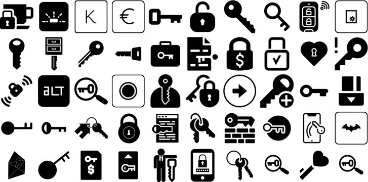 Big Set Of Key Icons Bundle Black Vector Clip Art Tool, Wheel, Icon, Symbol Pictograms Isolated On Transparent Background