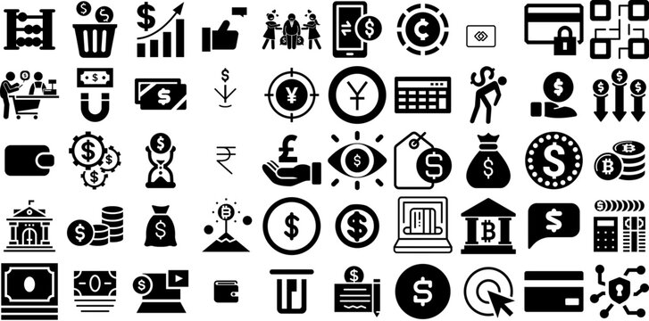 Mega Collection Of Money Icons Bundle Isolated Design Web Icon Coin, Silhouette, Finance, Goodie Logotype Isolated On White Background