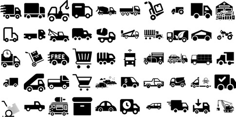 Massive Set Of Truck Icons Collection Hand-Drawn Linear Concept Silhouette Fuel, Garden, Icon, Symbol Illustration Vector Illustration