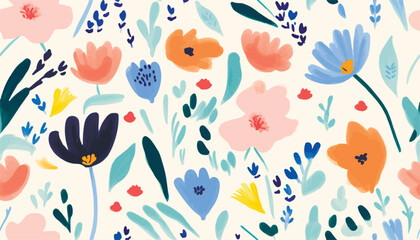 Hand drawn cute cartoon style flowers print. Modern botanical pattern. Fashionable template for design.