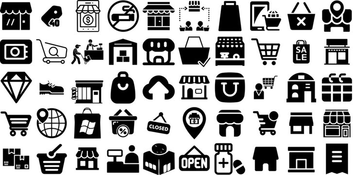 Mega Set Of Store Icons Set Flat Concept Elements Thin, Silhouette, Icon, Symbol Element Isolated On White