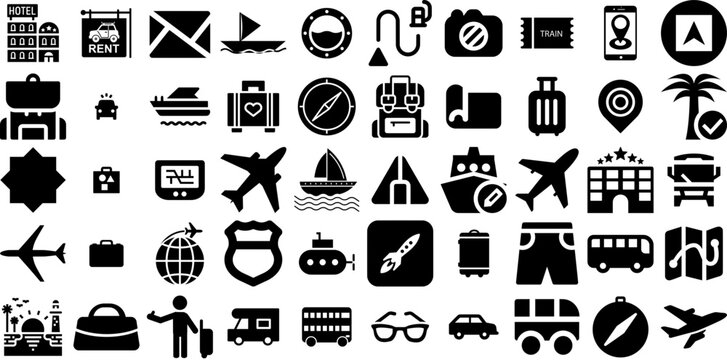 Mega Set Of Travel Icons Set Flat Modern Symbols Pointer, Silhouette, Yacht, Photo Camera Clip Art For Apps And Websites