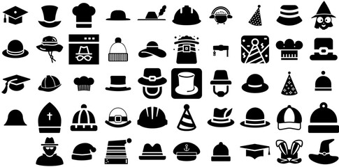 Mega Set Of Hat Icons Bundle Isolated Modern Web Icon Toque, Birthday, Contractor, Icon Glyphs Isolated On Transparent Background