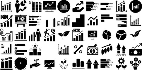 Mega Set Of Growth Icons Set Hand-Drawn Isolated Drawing Glyphs Line, Investment, Coin, Finance Buttons Isolated On White Background
