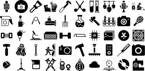 Big Set Of Equipment Icons Collection Solid Concept Web Icon Speaker, Health, Tool, Engineering Silhouette Isolated On Transparent Background