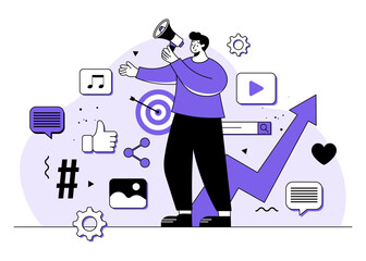 Male character addressing the audience through social media using a megaphone, social media marketing, digital marketing, endorsement, endorse, e-commerce, business concept flat illustration