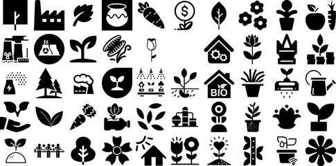 Massive Set Of Plant Icons Bundle Hand-Drawn Linear Concept Silhouettes Global, Sweet, Set, Contamination Doodle Isolated On White Background
