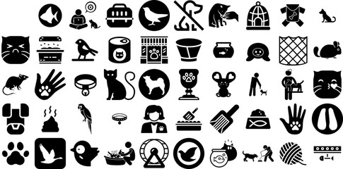 Massive Set Of Pet Icons Bundle Black Cartoon Elements Symbol, Doggy, Icon, Fauna Illustration For Computer And Mobile