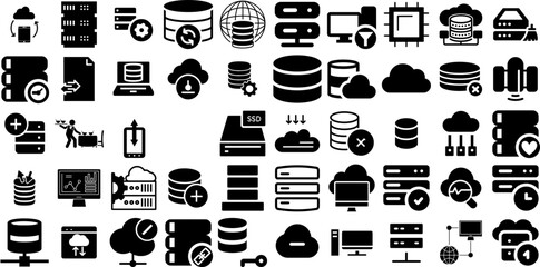 Massive Set Of Server Icons Collection Black Simple Pictogram Hosting, Together, Symbol, Icon Signs Isolated On White Background