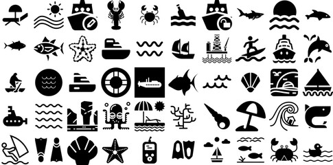 Big Set Of Sea Icons Collection Hand-Drawn Linear Simple Symbol Tortoise, Anchor, Icon, Creature Pictogram Isolated On White Background