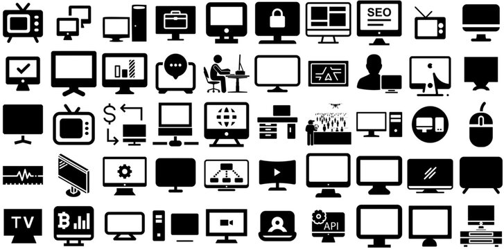 Big Collection Of Monitor Icons Collection Hand-Drawn Isolated Drawing Silhouettes Engineering, Tablet, Icon, Setting Silhouettes Isolated On White