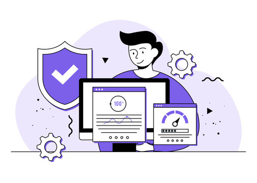 Usability testing flat illustration concept, QA engineering, developer, Tester searching bugs, Website testing, Software optimization process, Beta testing, Woman checks functions of application