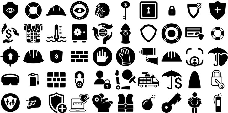 Massive Collection Of Safety Icons Set Hand-Drawn Black Vector Web Icon Occupational, Glove, Crane, Icon Glyphs For Apps And Websites
