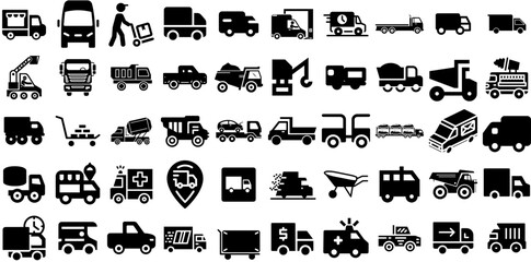Huge Collection Of Truck Icons Collection Hand-Drawn Isolated Cartoon Signs Fuel, Icon, Garden, Symbol Symbol For Computer And Mobile