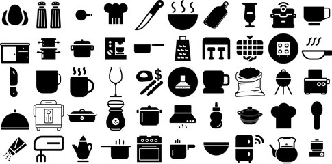 Massive Collection Of Kitchen Icons Collection Isolated Modern Silhouettes Symbol, Icon, Tool, Silhouette Graphic For Apps And Websites