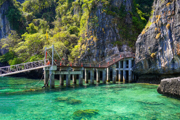 New pier at the back of Koh Phi Phi Leh island allowing tourists to access the famous Maya Bay after a short walk through the jungle, Krabi Province, Thailand