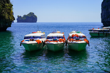 Speedboats waiting for tourists at the new back entrance to Maya Bay on Koh Phi Phi Ley island in the Andaman Sea, Krabi Province, Thailand - obrazy, fototapety, plakaty