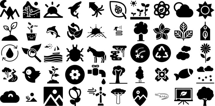 Massive Set Of Nature Icons Bundle Hand-Drawn Solid Cartoon Pictograms Line, Set, Cactus, Blossom Silhouettes Isolated On White Background