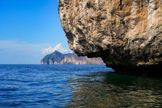 Sea cliffs on Koh Phi Phi Ley island in the Andaman Sea, Krabi Province, Thailand