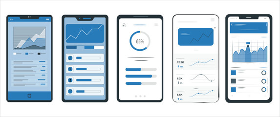 Different UI, UX, GUI screens finance app and flat web icons for mobile apps, responsive website including. Web design and mobile template. Fitness interface design for mobile application. Vector 1920 - obrazy, fototapety, plakaty