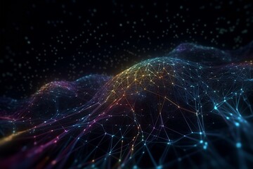 Naklejka premium Abstract, AI Technology, Concept, Moving Dots, Lines, Digital Data Flow, Communication, Tech Network