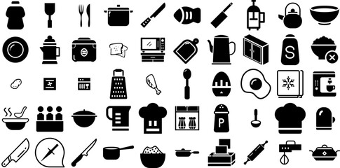 Huge Set Of Kitchen Icons Collection Hand-Drawn Linear Vector Pictograms Silhouette, Tool, Symbol, Icon Graphic Isolated On Transparent Background
