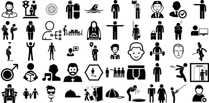 Massive Collection Of Man Icons Collection Hand-Drawn Isolated Design Web Icon Carrying, Profile, Silhouette, Workwear Silhouette For Apps And Websites
