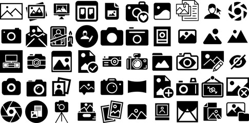 Massive Collection Of Picture Icons Pack Hand-Drawn Isolated Concept Signs Symbol, Icon, Photo Camera, Music Element Isolated On Transparent Background