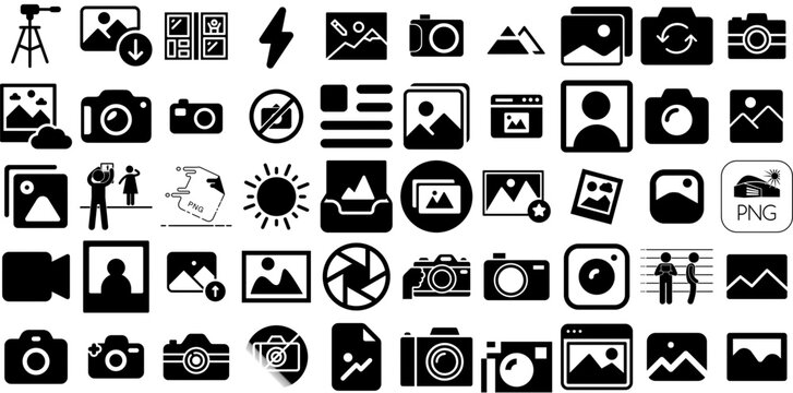 Huge Collection Of Photo Icons Set Isolated Vector Web Icon Ok, Icon, Silhouette, Holiday Maker Illustration Isolated On White Background
