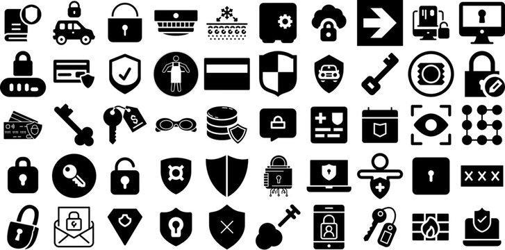 Massive Collection Of Protection Icons Bundle Hand-Drawn Solid Drawing Signs Optical, Health, Mark, Set Symbol Isolated On Transparent Background