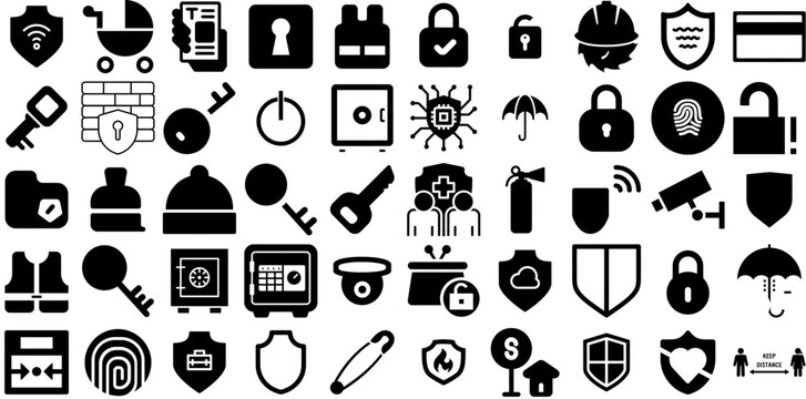 Massive Set Of Safety Icons Pack Hand-Drawn Isolated Drawing Pictograms Glove, Occupational, Icon, Crane Pictogram Isolated On White Background