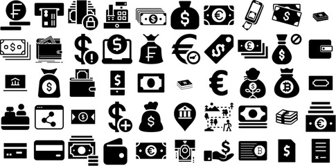 Massive Set Of Cash Icons Set Isolated Vector Clip Art Way, Icon, Finance, Coin Logotype For Apps And Websites