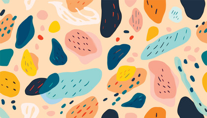 Hand drawn various shapes abstract cute pattern. Collage contemporary print. Fashionable template for design. Cartoon style.