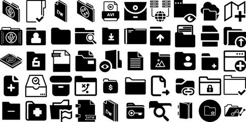 Huge Collection Of Folder Icons Set Hand-Drawn Linear Concept Silhouettes Icon, Glyphs, Symbol, Magnifier Silhouettes For Apps And Websites