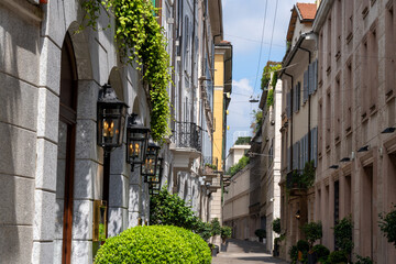  the famous Via della Spiga, one of the streets in the historic center of Milan that bounds the...