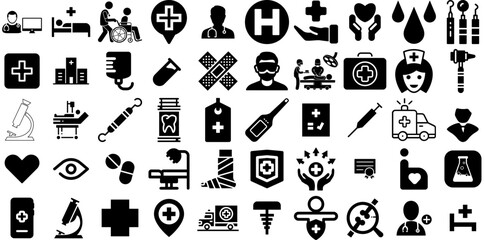 Massive Collection Of Hospital Icons Pack Isolated Concept Signs Icon, Patient, Symbol, Health Pictograph Isolated On White