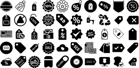 Big Collection Of Label Icons Bundle Hand-Drawn Black Design Pictograms Navigator, Glistering, Value, Solid Signs Isolated On White