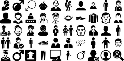 Huge Collection Of Male Icons Pack Hand-Drawn Solid Vector Clip Art Infographic, Silhouette, Symbol, Icon Pictograms For Apps And Websites